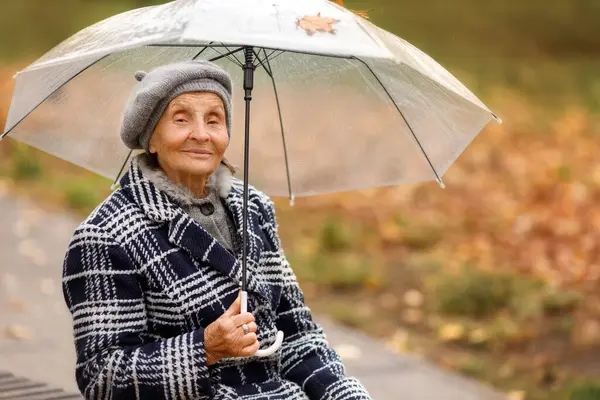 Gri ceketli ve bereli yaşlı bir kadın sonbaharda elinde şeffaf bir şemsiye olan bir bankta oturur ve doğrudan kameraya bakar. Huzurlu ve ılık bir sonbahar havası..