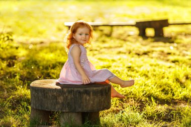 Küçük kızıl saçlı, pembe yaz elbisesi içinde küçük bir kız çıplak ayakla güneşli bir ormanda ağaçtan bir kütüğün üzerinde oturuyor, iki elinde çiçekler tutuyor ve merakla yan tarafa bakıyor.. 