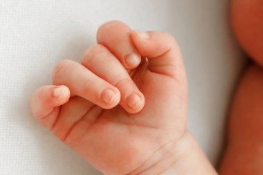 Yeni doğmuş bir bebeğin yakın çekim makrosu parmakları hafif yarı-yumruk kıvrılmış, beyaz bir arka planda uyurlarken küçük, rahat bir el..