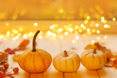 Canlı ve ışıl ışıl üç küçük balkabağı kırsal ahşap bir yüzeye dizilmiş..