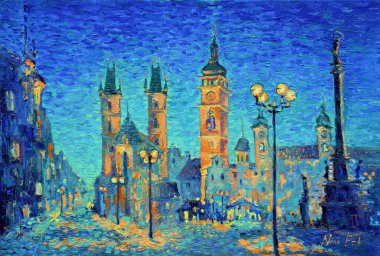 Beautiful impressionism-style cityscape oil painting. Old town square in the evening, blue evening colors and orange lights painted with bright strokes clipart