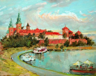 Wawel Kalesi, Krakow, Polonya. Parlak, doymuş yağ ile boyanmış şehir manzarası izlenimcilik tarzında. Kalın, anlamlı boya vuruşları. Tablo dokusu.