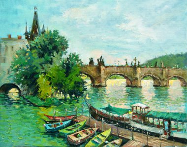 View of Charles Bridge. Beautiful oil painting of the famous bridge in Prague. Juicy fresh strokes of paint, impressionism style. Boats in the foreground, sun glare on the water. clipart