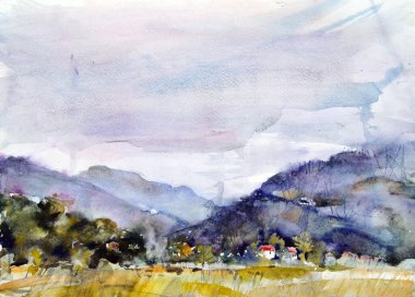 Yağmurdan önce. Dağları, ağaçları ve bulutlu bir günde bulutlu bir gökyüzünün altında küçük bir evi olan güzel bir manzara resmi. Boya lekeleri ve parlak renkler. Çizim etude biçimi.