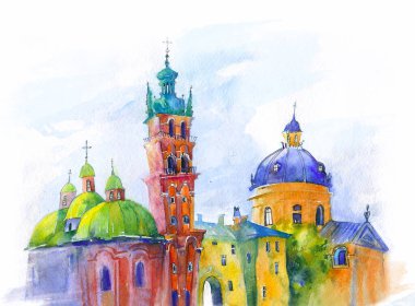Güneşli bir günde Ukrayna 'nın antik kiliseleri ve katedralleri Lviv. Parlak renkli bir şekilde elle boyanmış suluboya..