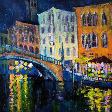 Ponte del le Guglie. Köprü ve kanalla romantik Venedik manzarasının yağlı boyası. Parlak, doymuş yağlı şehir manzarası izlenimcilik tarzında. Kalın, anlamlı boya vuruşları.