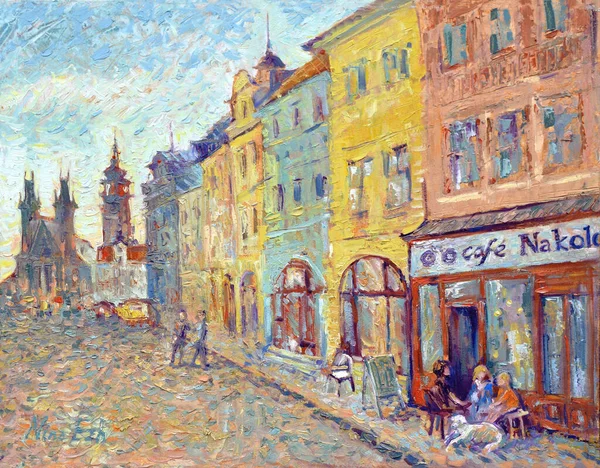 Old town cafe. Beautiful impressionism-style cityscape oil painting. Cozy old street with a cafe in the foreground painted with bright strokes.