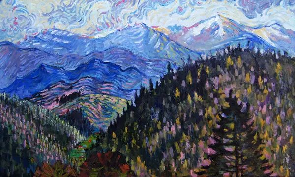 Carpathian pattern. Beautiful oil painting artwork in the style of post-impressionism, thick small strokes in the style of Van Gogh. Hills and mountains stretching to the horizon.