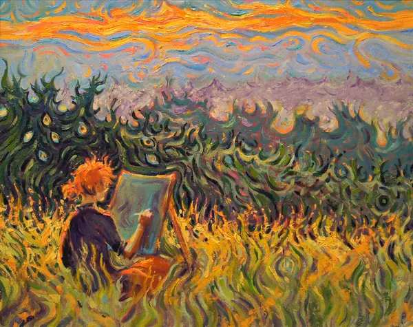 Sunset etudes. Oil painted landscape. The figure of girl with red curly hair is painting sitting in the high grass. Warm sunset colors. Bright color strokes, curved in post impressionism manner.