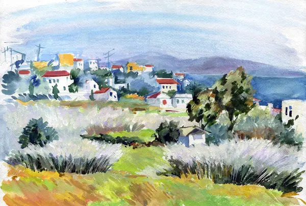 Aegina 'nın manzarası. Manzara güzel bir Yunan adasını tasvir ediyor. Gouache ve suluboya ile boyama, parlak sulu renkler, boya lekeleri.