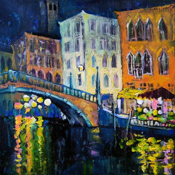 Ponte del le Guglie. Oil painting of romantic Venice view with the bridge and canal.Bright, saturated oil painted city landscape in the style of impressionism. Thick, expressive strokes of paint.