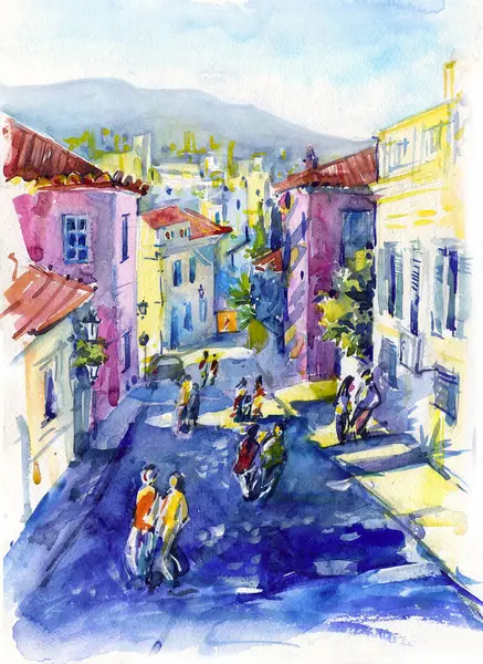 Atina Caddesi Atina Nın Güneşli Güzel Sokağının Güzel Suluboyası Empresyonizm Telifsiz Stok Imajlar