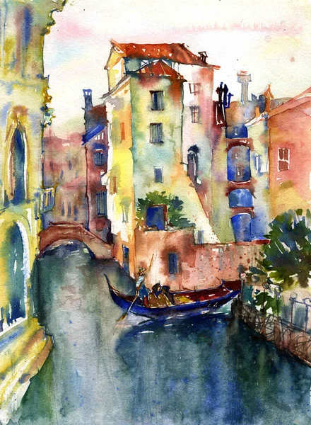 Venedik Suluboya Kanal Manzarası Romantik Venedik Manzaralı Güzel Parlak Suluboya Stok Resim