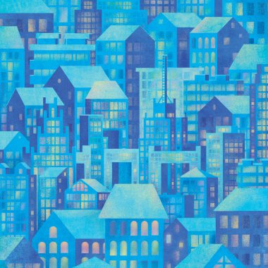 Mavi şehir modeli. Geometrik minimalist tarzda sevimli dijital illüstrasyon. Mavi camlı bir sürü bina var. Kış çizgi filmi manzarası.