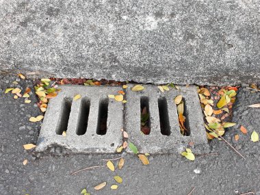 Street drainage system, manhole grill on the street in the city. Sewer Cover. Grate opening on the road. Trash blocking storm drain gutter. To prevent excess water masses or flood on the surface. clipart