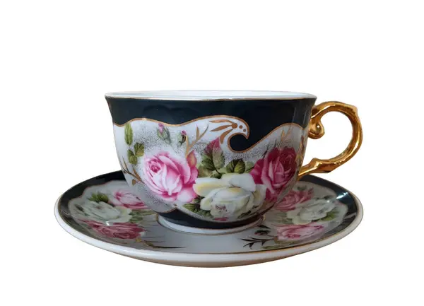 Close Vintage Floral Tea Cup Set Gold Trimming Isolated White Stock Photo