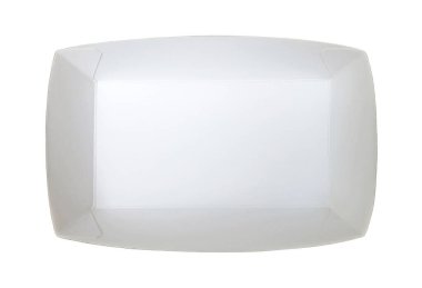 Beyaz arka planda kırpma yolu olan boş beyaz kağıt yemek tepsisi. Yemek afişi için maket şablonu. Üst Görünüm, Düz Yat.