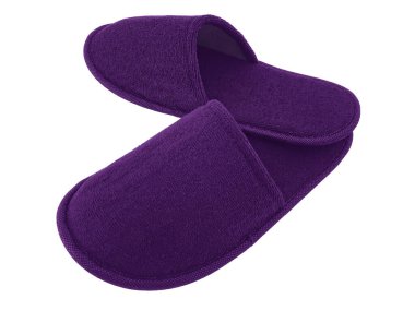 Kırpma yolu olan beyaz arka planda bir çift Mor Terlik. Yumuşak, tekstil evi ya da koyu mor renkli spa terlikleri. Boş, etiket yok, taklit et.