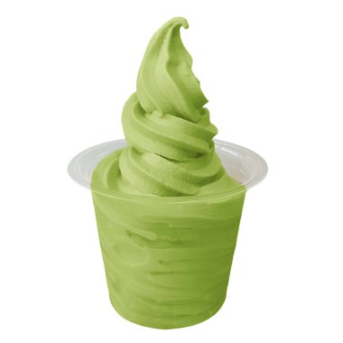 Yeşil kibritli dondurma ya da plastik bardakta donmuş yoğurt, kesme yolu olan beyaz arka planda izole edilmiş. Yeşil çay ve soğuk tatlı etiketi yok..