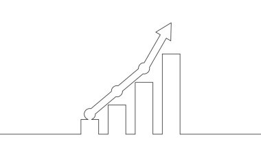 Grafik sektöründeki büyümenin sürekli çizimi. Artan okun illüstrasyon vektörü. Bar çizelgesi. Nesne bir çizgi. Tek satır sanat