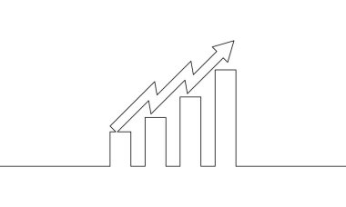 Grafik işi simgesinin aralıksız çizimi. Artan okun illüstrasyon vektörü. Bar çizelgesi. İş geliştirme tasarımı. Nesne bir çizgi. Tek satır sanat