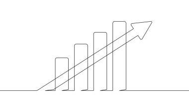 Grafik simgesinin sürekli çizimi. Okun çizim vektörü yukarı. İş büyümesi. Beyaz arka planda bar çizelgesi. Nesne bir çizgi. Tek satır sanat