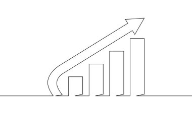 Grafiğin sürekli çizimi. Beyaz zemin üzerinde ok illüstrasyon vektörü. İş büyümesi. Bar çizelgesi. Nesne bir çizgi. Tek satır sanat