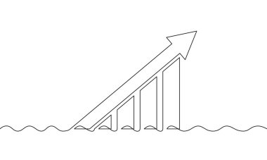 Artan okun sürekli çizgi çizimi. Grafiğin çizim vektörü. İş büyümesi. Bar çizelgesi. Yukarı, nesne bir çizgi, tek sanat