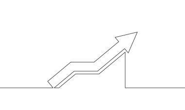 Grafik işi simgesinin aralıksız çizimi. Artan okun illüstrasyon vektörü. Çubuk çizelgesi, büyüme grafiği tasarımı, tek çizgi sanatı, nesne tek çizgi
