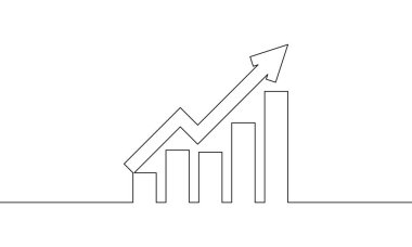 Grafik simgesi işinin kesintisiz çizimi. Okun çizim vektörü yukarı. Çubuk çizelgesi, nesne bir çizgi, tek çizgi sanat, vektör illüstrasyonu
