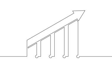 Grafik sektöründeki büyümenin sürekli çizimi. Okun çizim vektörü yukarı. Elle çizilmiş bar çizelgesi. Bir satır nesne, tek satır sanat