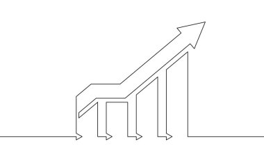 Aralıksız bir çizgi çizerek ok yukarı. Bar grafiğinin illüstrasyon vektörü. El çizimi iş büyümesi. İşaret işareti. Tek satır sanat