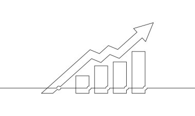 Sürekli bir çizgi çizimi. İş büyütme ikonu. Okun çizim vektörü yukarı. Bar çizelgesinin tek satır sanatı. Artan ok işareti sembolü