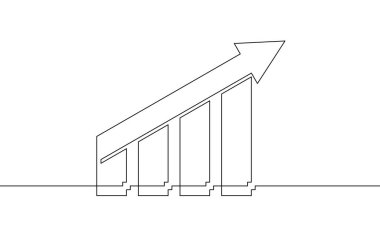 Grafiğin çizim vektörü. Aralıksız bir ok çizgisi yukarı. Bar tablosunun düz simgesi. İş büyümesinin illüstrasyon vektörü. Artan okun tek satır sanatı