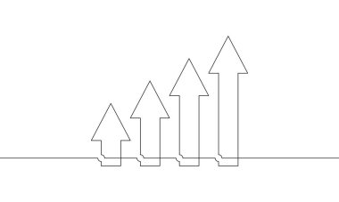 Grafiğin sürekli çizimi. Okun çizim vektörü yukarı. İş büyümesinin düz simgesi. Elle çizilmiş bar çizelgesi. Artan okun tek çizgi sanatı. Nesne bir çizgi