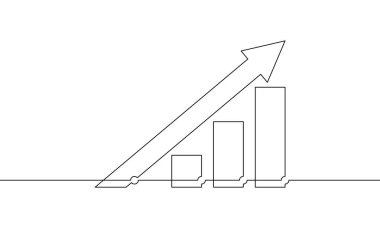 Grafiğin çizim vektörü. Düz ok simgesi yukarı. Çubuk çizelgesinin sürekli bir çizimi. Artan okun tek çizgi sanatı. İş büyümesi