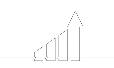 Grafiğin sürekli çizimi. Düz ok simgesi yukarı. Bar grafiğinin illüstrasyon vektörü. İş büyütme ikonu. Nesne bir çizgi. Tek satır sanat