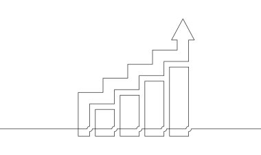 Grafik simgesi işinin kesintisiz çizimi. Tek sıra halinde ok atma sanatı. Bar grafiğinin illüstrasyon vektörü. Okun bir satırı artırılıyor