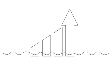 Grafiğin sürekli çizimi. İkona odaklan. Bar çizelgesinin tek satır sanatı. Artan okun illüstrasyon vektörü. Bir satırlık iş büyümesi sembolü