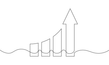 Grafiğin sürekli çizimi. Okun çizim vektörü yukarı. İş büyümesi, artan ok, bar grafiği, düz simge, nesne bir çizgi, tek satır sanat