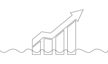 Grafik simgesinin sürekli bir çizgi çizimi. Okun çizim vektörü yukarı. Tek sıra iş büyütme sanatı. Artan ok. Bar çizelgesi