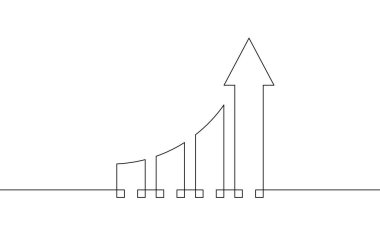 Grafiğin sürekli çizimi. Okun çizim vektörü yukarı. İş büyümesi, bar çizelgesi, düz simge, artan ok. Nesne bir çizgi. Tek satır sanat