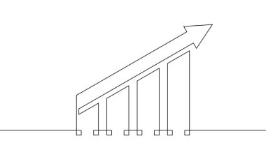 Grafiğin sürekli çizimi. Okun çizim vektörü yukarı. Çizgi çizelgesinin tek çizgi sanatı bir sıra yükselen ok nesnesi. Artan okun düz simgesi. İş büyümesi