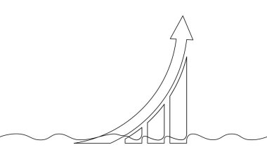 Çubuk çizelgesinin sürekli çizimi. Okun çizim vektörü yukarı. Tek satır grafik sanatı. Tek sıra iş büyümesine itiraz ediyorum. Artan okun düz simgesi. Anaytiklerin sembolünü imzala
