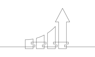 Büyüyen grafiğin sürekli çizimi. Çizgi sanatı grafik simgesi. Okun iyonasyon vektörü yukarı. Artan okun tek çizgi sanatı. Çubuk işareti işareti