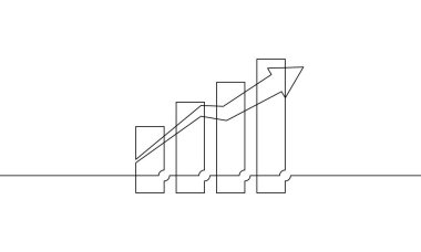 Artan okla sürekli grafik çizimi. İş büyüme ikonunun resimleme vektörü düz. Bar çizelgesinin tek satır sanatı. İşaret sembolünün bir satırına itiraz et
