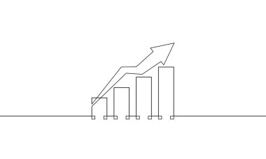 Aralıksız bir çizgi çizerek oku çizmeye devam et. Bar grafiğinin illüstrasyon vektörü. Oku ikona yükseltiyorum. İşletme büyümesi sembolünün tek çizgi sanatı