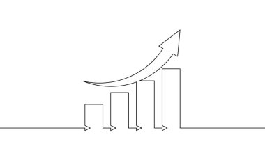 Aralıksız çizgi çiziminde ok simgesi olan bir grafik. Bar grafiğinin illüstrasyon vektörü. Tek sıra iş büyütme sanatı. Artan bir ok satırı nesnesi