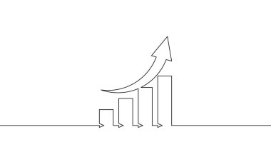 Grafik sektöründeki büyümenin sürekli çizimi. Artan okun illüstrasyon vektörü. Bar çizelgesinin tek satır sanatı. Düz simge simgesinden bir satır nesne