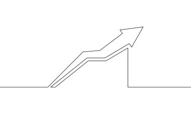 Aralıksız çizgi çizimi ve ok yukarı. Bar grafiğinin illüstrasyon vektörü. Tek satır sanatında iş büyüme ikonu. Artan ok yukarı işaret sembolünün bir satır nesnesi